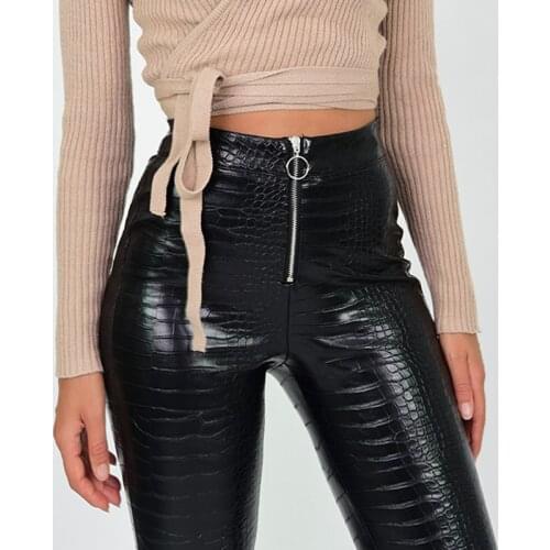 Faux Leather pants PU High Waist Stretch Skinny Leather Pants Women Zipper Slim Crocodile Pattern Pants women cargo pants women