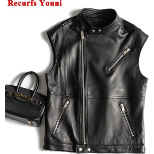 European/American Style Women Genuine Leather Waistcoat Ladies 60 cm Long Sleeveless O-neck Vest Mujer Zipper Locomotive Chaleco