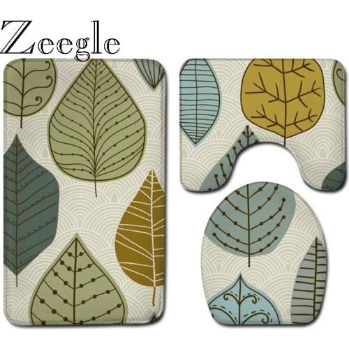 Plant Printed Bathroom Carpet Flannel Bath Mat and Anti-slip Floor Carpet Set Shower Room Decor Absorbent U-Shaped Toilet Rug
