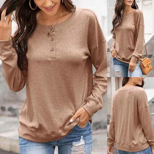 2020 New Autumn Tops Women Solid Color Long Sleeve O Neck Button Loose Pullover Blouse Sweatshirt