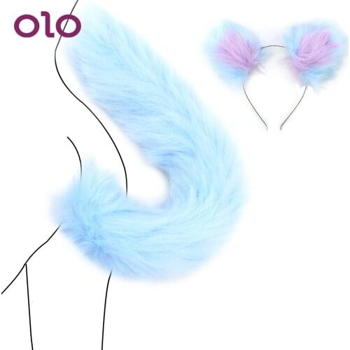 OLO Cute Cosplay Anal Plug Soft Fox Tail Metal Butt Plug With Cat Ears Headbands Smooth Touch Sex Toys For Women Men Couples