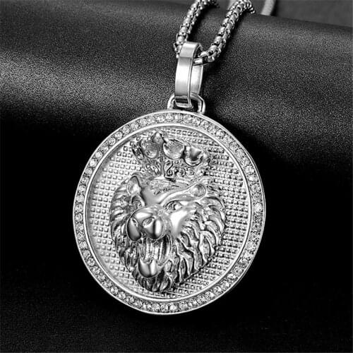 HIP Hop Ice Out Gold Color Titanium Stainless Steel Pave Rhinestone Lion Head Pendants Necklaces for Men Jewelry