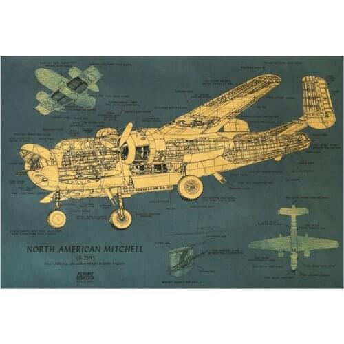 B-25H Design Drawing Kraft Paper Poster Home Room Bedroom Wall Decoration Painting Core 50.5x35cm
