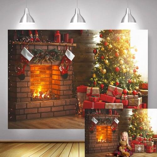 Christmas Fireplace Winter Portrait Backdrop for Photography Gift Christmas Tree Gift Background Brick Wood Sock Photo Shoot