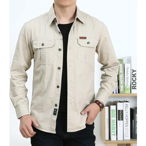 Autumn and Winter Mens Blouse Cargo Shirts Tactical Solid Long Sleeve Military Style Adult Social Double Pocket Casual Slim Fit