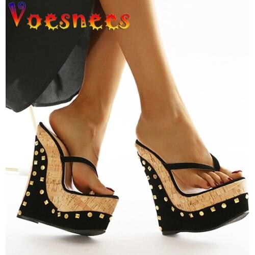 Summer Sexy Nightclub Sandals Mixed Colors Women Shoes Wood Grain Rivet Walk Show Slides Pole Dance Flip Flops Wedges High Heels