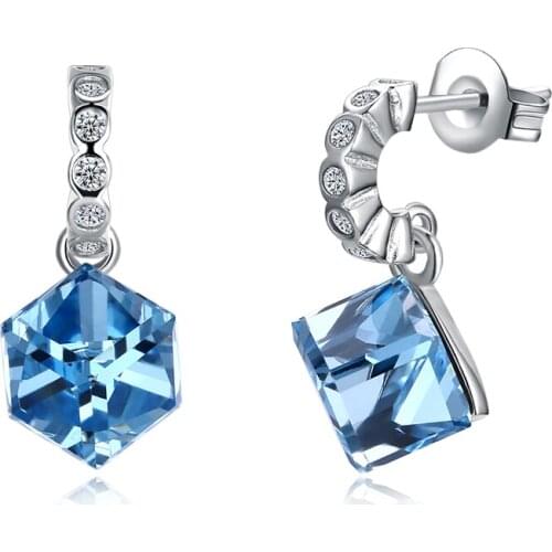 SILVERHOO Sterling Silver 925 Jewelry Womens Earrings C Shape Cubic Zirconia With Blue Square Austria Crystal Drop Earring
