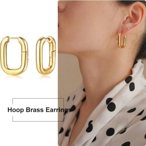 Stylish Brass Rectangular Geometric Hoop Earrings for Women Jewelry