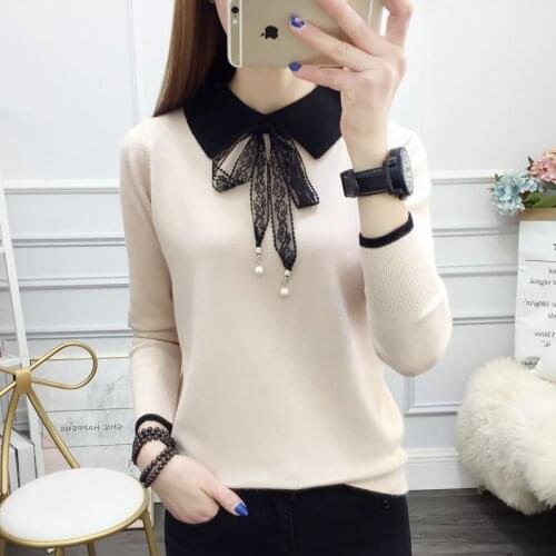 Loose Thin Bow Sweater Female Knit Low Waist Jersey Female Lace Lace Long-Sleeved Upper Garment