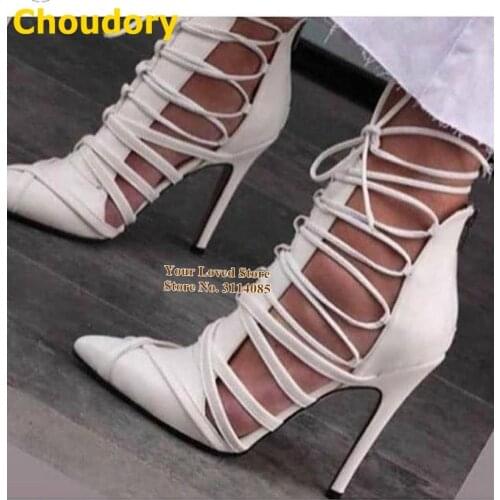 Choudory White Red Stiletto Heels Braided Shoes Cross Strappy Laceup Hollow Out Caged Pumps Plaited Patchwork Banquet Shoes