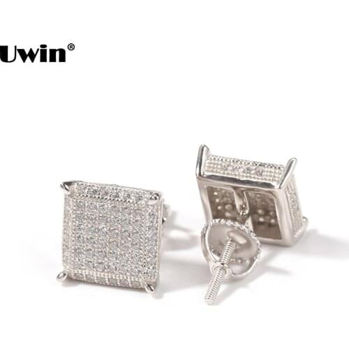 Uwin Hip Hop Earrings Gold/Silver Color Iced Out Micro Pave CZ Stone Square Earring Lab D Stud Earring With Screw Back