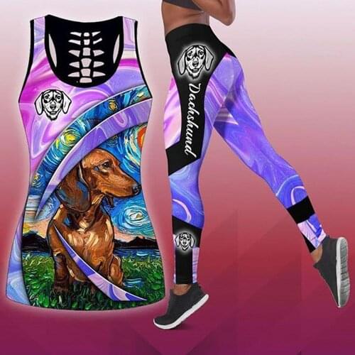 Womens Over Printed Yoga Suit Animal Pitbuii Dachshund 3D Printing Hollow Vest Tank Top High Waist Leggings Sports Ladies Suit