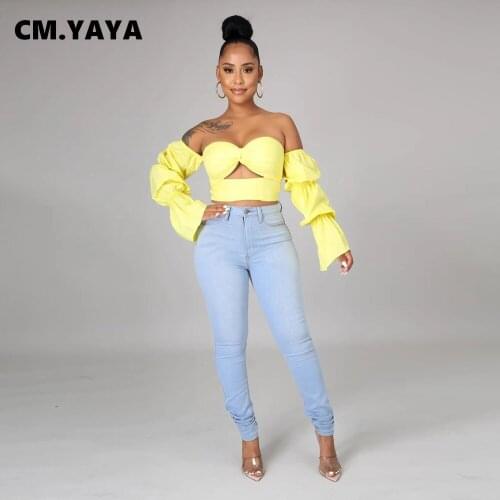 CM.YAYA Women T-shirt Solid Full Sleeve Off Shoulder Hollow Out Stretchy Crop Tops Sexy Fashion High Streetwear Sumemr Clothing