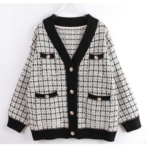 Women Sweater Jacket 2020 Oversized Knitted Cardigans Loose Plaid Jumpers Korean Clothing Robe Long Elegnat Female Coats