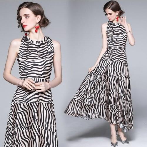 Summer Womens New Colorful Bohemian Sexy Sleeveless Zebra Stripes Striped Panel Long Vest Dress
