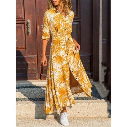 Boho Women V Neck Three Quarter Sleeve Leaf Print Belt Large Hem Beach Long Dress print dress summer beach dress vestidos mujer
