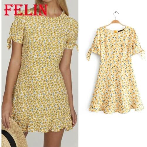 Za Fashion 2021 Summer Flower Print Vintage Women Dress Short Sleeve Casual Mini Dresses Female Elegant Bow Tie Mujer Vestidos