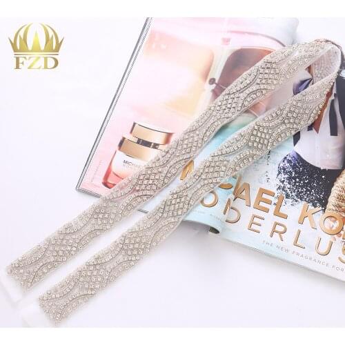 1YARD) Handmade Beaded Sew On Hot Fix Sliver Clear Bling Rhinestone Crystal Wedding Sash Applique for Bridal Belt Wristbands