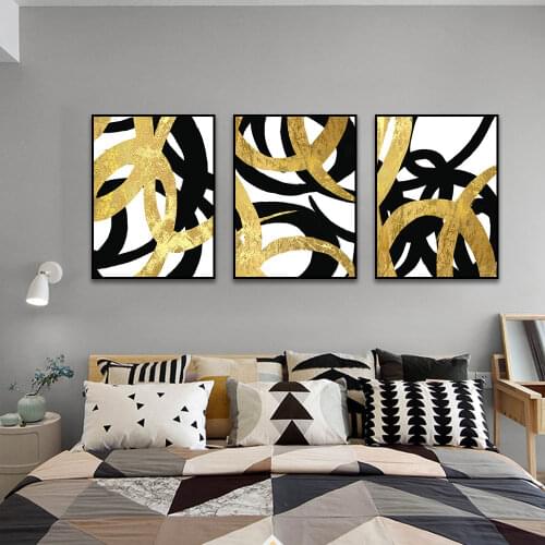 3 Panel Abstract Black With Gold Painting Canvas Prints And Posters Nordic Modern Wall Art For Living Room Home Decoration