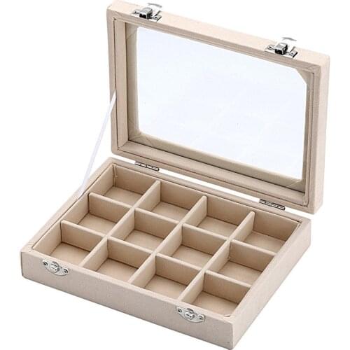 Beige 12 Grid Velvet Glass Jewelry Ring Display Organiser Box Tray Holder Earrings Storage Case