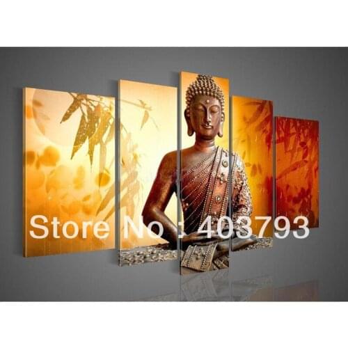 Free shipping Hand-painted Hi-Q wall art home oil painting on canvas Religious Sakyamuni Buddha statue Bamboo leaves Orange