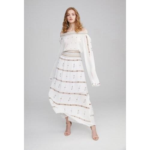DUISNENA long boho white dress vintage floral embroidered women dresses offshoulder slash neck robe vestidos