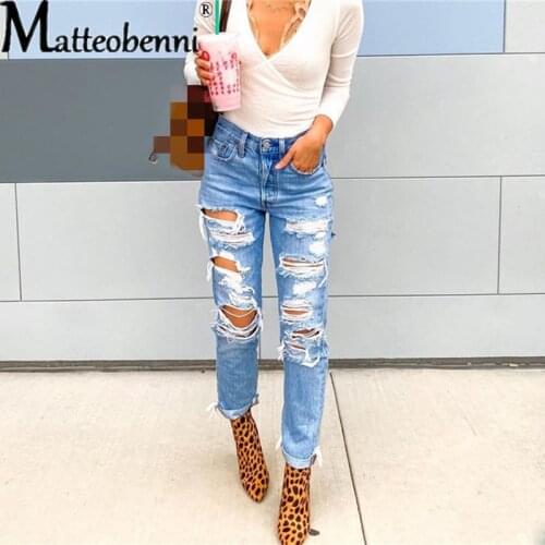 Fashion Vintage Ripped Hole Pencil Long Pants Solid Jeans Women Spring Summer Casual High Waist Slim Denim Trousers Streetwears