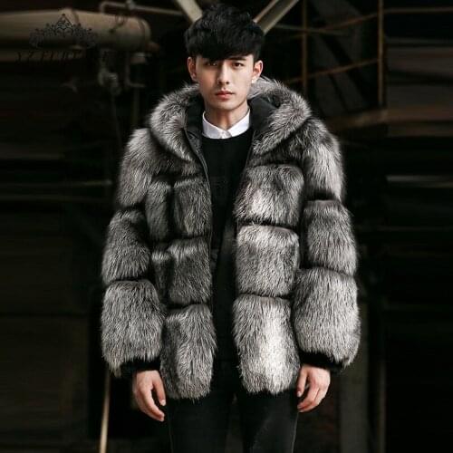 Real Natural Sliver Fox Fur Coat With Hood Full Pelt Male Fur Jacket Genuine Thick Warm Winter Fashion Overcoat For Men FM-026