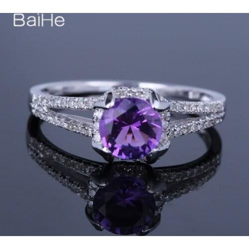 BAIHE Sterling Silver 925 0.71ct Purple Flawless Round Amethyst Wedding Women Trendy Fine Jewelry Amethyst Ring
