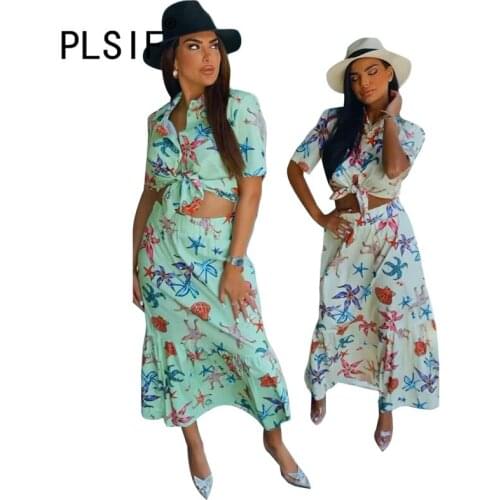 European Fashion 2 Pieces Skirt Set Summer Print Vintage Casual Beach Two Pieces Matching Sets