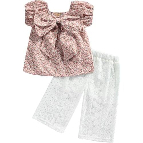Girls Clothes Set Floral Print Short Puff Sleeve Tops with Bow-knot + Lace Wide Leg Trousers