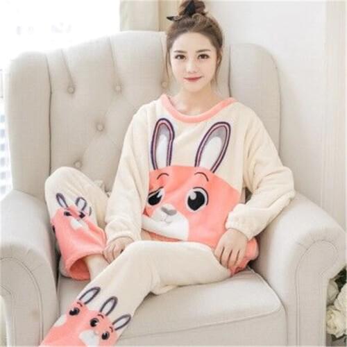 Cute Women pajamas set Woman Warm Flannel Winter pyjamas set Ladies Long Sleeve & Pants Sleepwear Two Pieces Suit Homewear