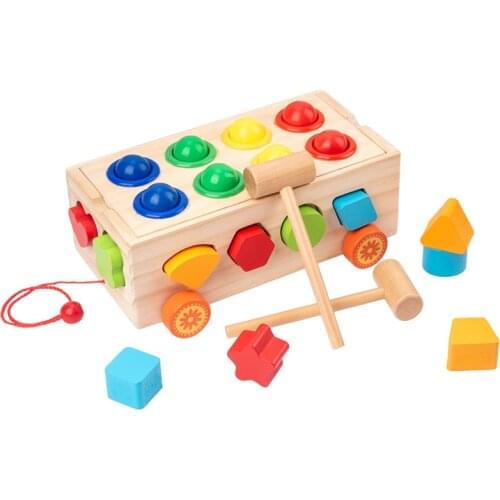 Children Montessori Wooden Blocks Set Toys Trailer Porous Shape Early Childhood Education Knocking Piano Column Geometric Kids