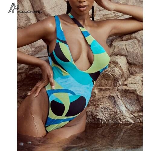 Sexy Women New Biquini Printed Monokini One Piece Hollow Backless Swimsuit One Shoulder Bodysuits Brazilian Bathing Suits Padded
