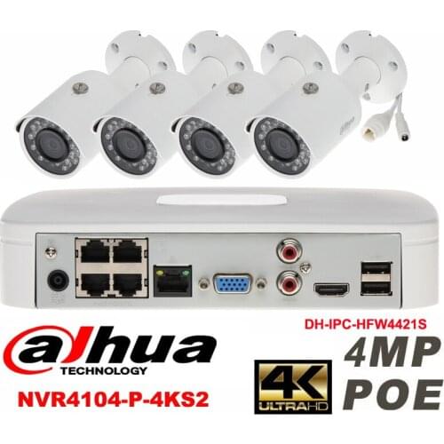 Dahua original 4CH 4MP H2.64 DH-IPC-HFW4421S 4pcs bullet Waterproof camera POE DAHUA DHI-NVR4104-P-4KS2 IP security camera kit