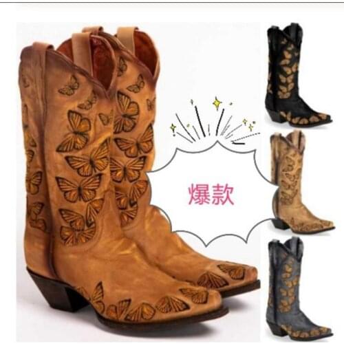 Autumn and winter low-heel womens fashion embroidered butterfly boots cowgirl western retro knee-high high-top casual boots 43
