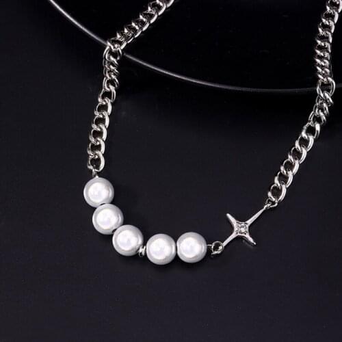 Pearl Choker Necklace for Women Artificial Big White Fluorescent Pearls Alloy Chain Jewelry with Glitter Cross