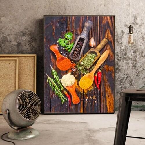 Kitchen Room Posters and Prints Wall Art Grains Spices Spoon Peppers Oil Painting on Canvas Cuadros Pictures for Home Decor