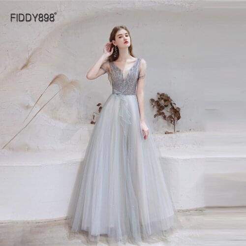 Modest Grey V-Neck Short Sleeves Evening Dress 2021 Glitter Long Evening Party Dresses Women robe de luxe femme A-Line Prom Gown