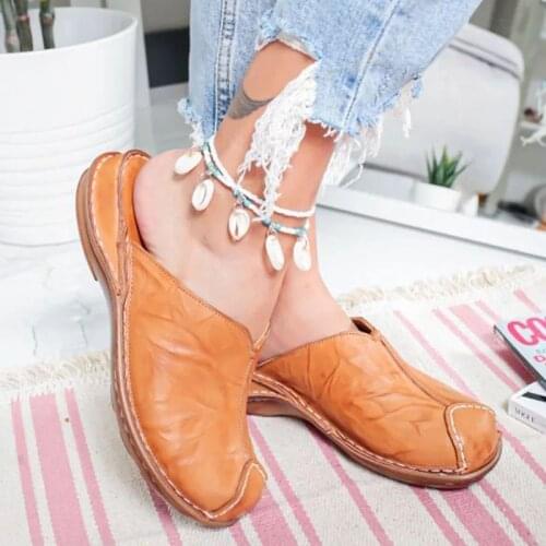 Women Flat Slides Sandals Round Toe Mules Shoes Women Solid Comfort Fashion Mules Pu Leather Women Slippers chanclas mujerflip