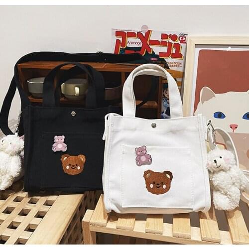 Ladies Canvas Bag Female Simple Cute Cartoon Printing Bear Pendant Shoulder Bag Student Book Bag Crossbody Bag for Girls