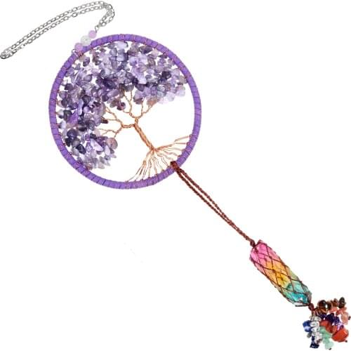 TUMBEELLUWA Healing Crystal Tree of Life Hanging Ornament,Rainbow Titanium Coated Crystal Wand with Stone Tassel for Home Decor