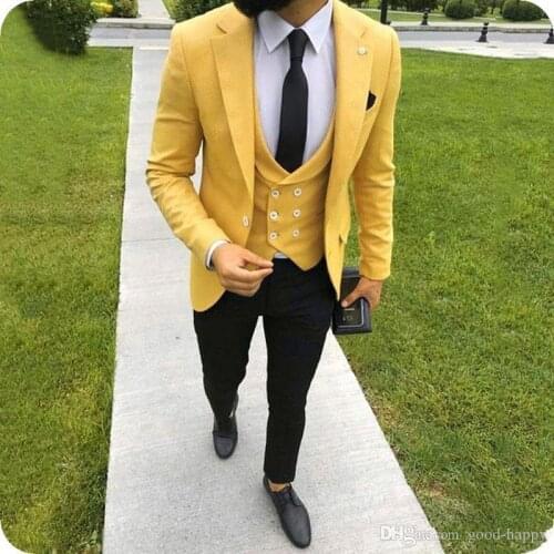 Yellow Groom Tuxedos Notch Lapel Groomsman Wedding 3 Piece Suit Fashion Men Business Prom Party Jacket Blazer(Jacket+Pants+Vest