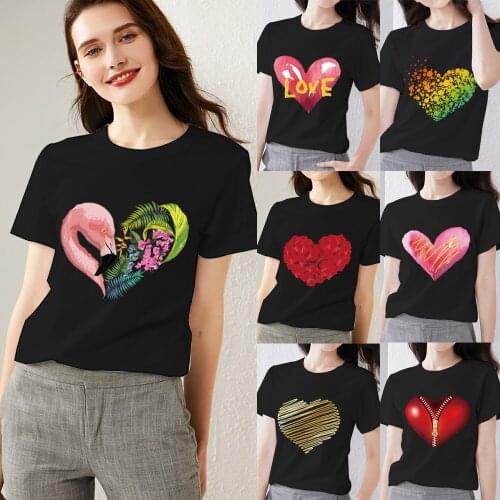 Women T-shirts Summer Black All-match Printing Tee Love Heart Pattern Series Female Tops O-neck Casual Lady Short Sleeve Clothes