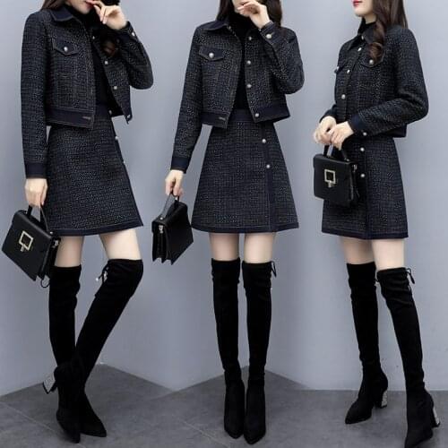 Womens Winter New Two-Piece Suits Slim Tweed Jacket + Short Skirt Fashion Female Sets S-3XL
