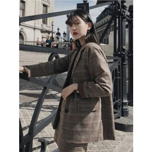 Plaid skirts suits Girls Female Vintage Autumn elegant Womens Sets (Separate) women two piece outfits 2 piece outfits for women