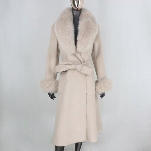 2021 New X-long Cashmere Wool Blends Real Fur Coat Belt Winter Jacket Women Natural Fox Fur Collar and Cuffs Streetwear
