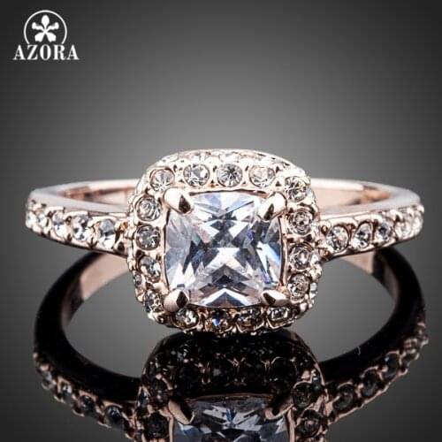 AZORA Rose Gold Color Princess Cut Zircon Wedding Ring Surrounded by Austrian Crystals TR0107