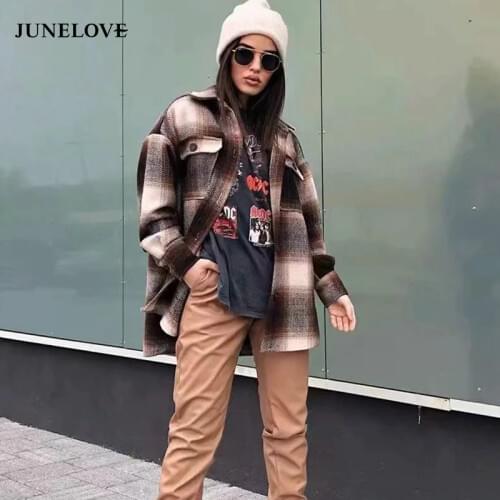 New Vintage Women Long Sleeve Woolen Coats Fashion Lady Thick Plaid Coat Female Streetwear Elegant Girls Oversize Jacket Chic