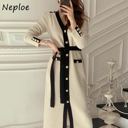 Neploe V Neck Single Breast Design Knit Sweater Dress Women High Waist Hip Sashes Slim Vestidos Spplit Design Robe Spring